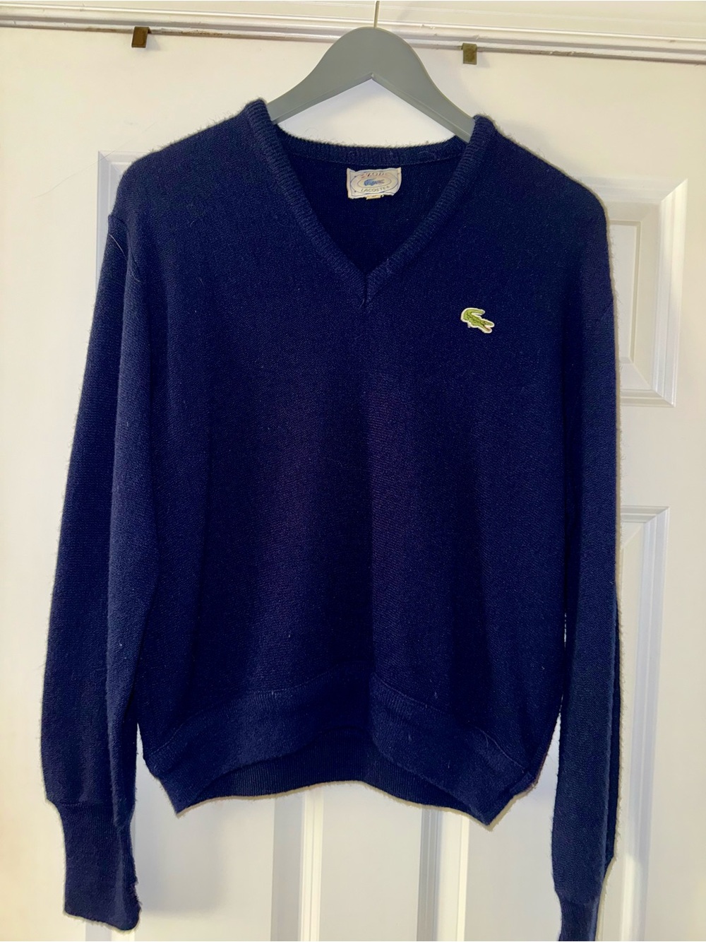 Lacoste Women’s Dark Navy V-Neck Sweater with Crocodile Logo